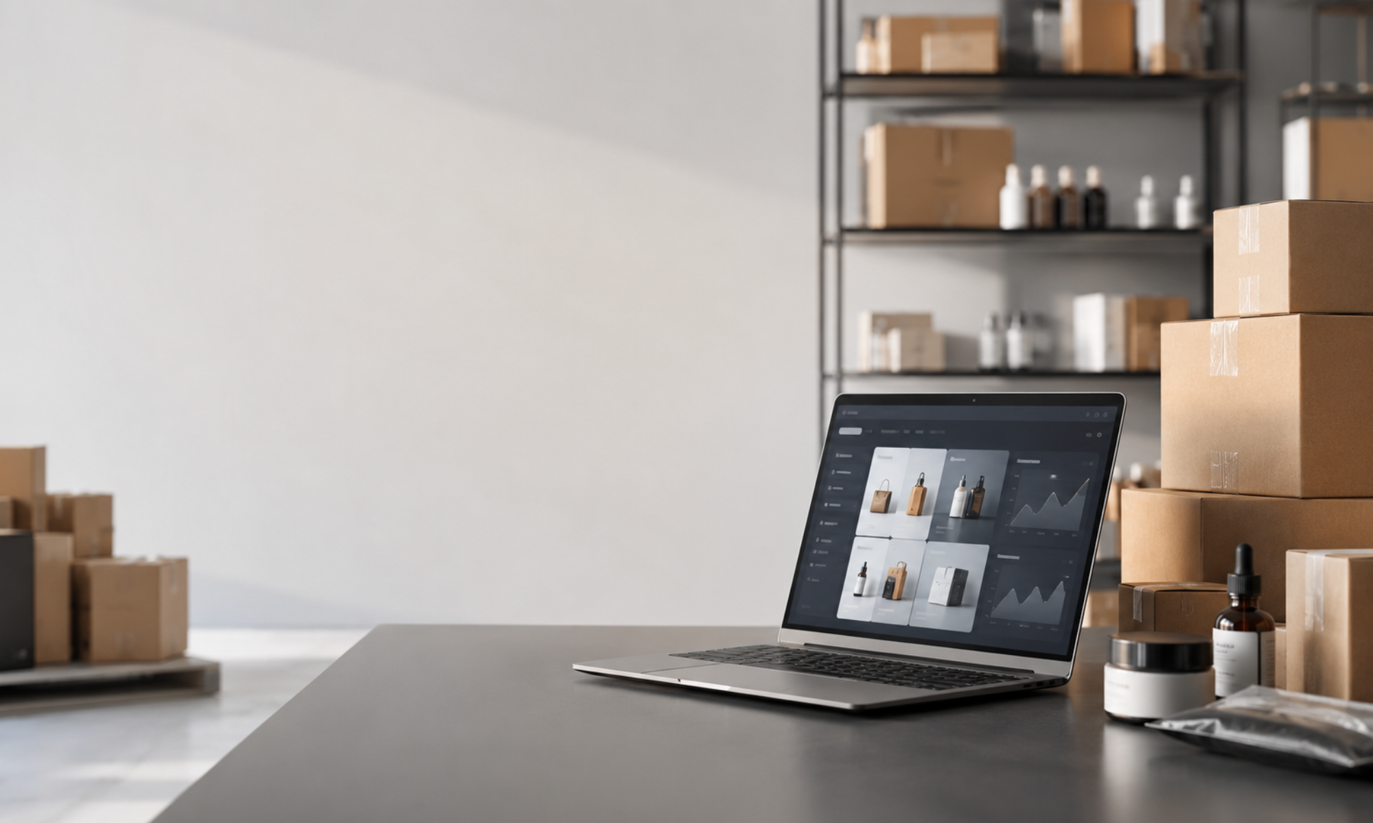 E-commerce and wholesale sourcing workspace with products and shipping boxes